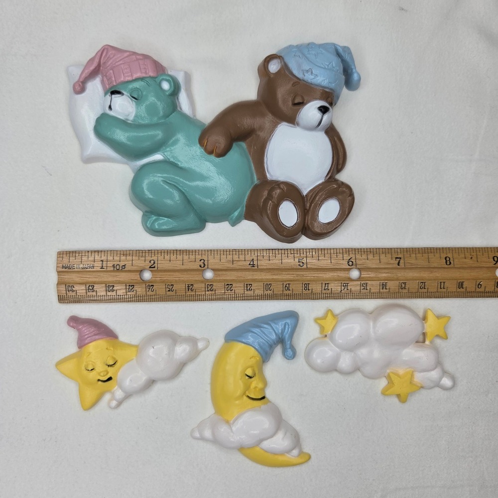 Vintage 1994 Burwood Products Sleeping Bears Moon Star Clouds Wall Decor Set 4pc